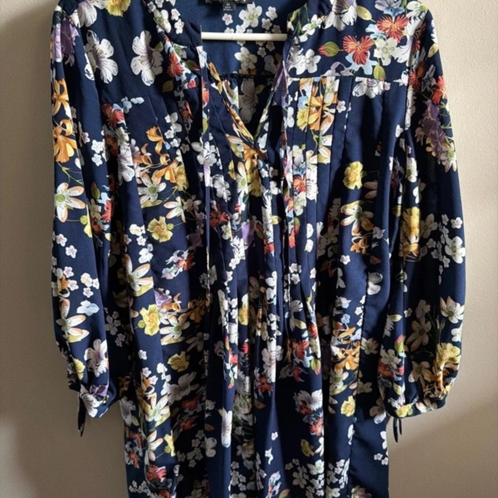 Suzanne Betro Navy Floral Tie-Front Peasant Tunic Dress